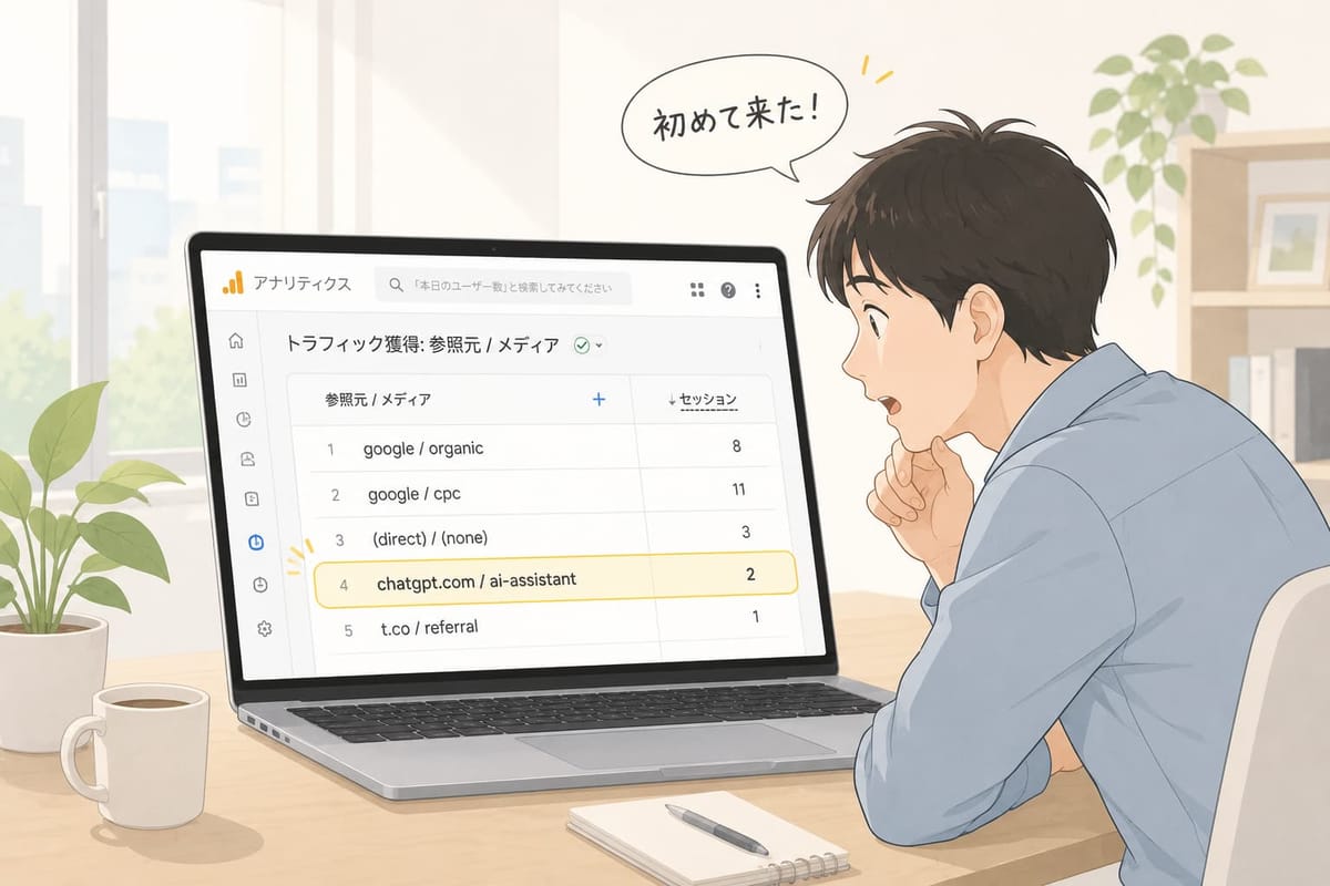 GA4の「トラフィック獲得: 参照元 / メディア」画面に chatgpt.com / ai-assistant（2セッション）の行が現れ、男性が「初めて来た！」と驚いている図